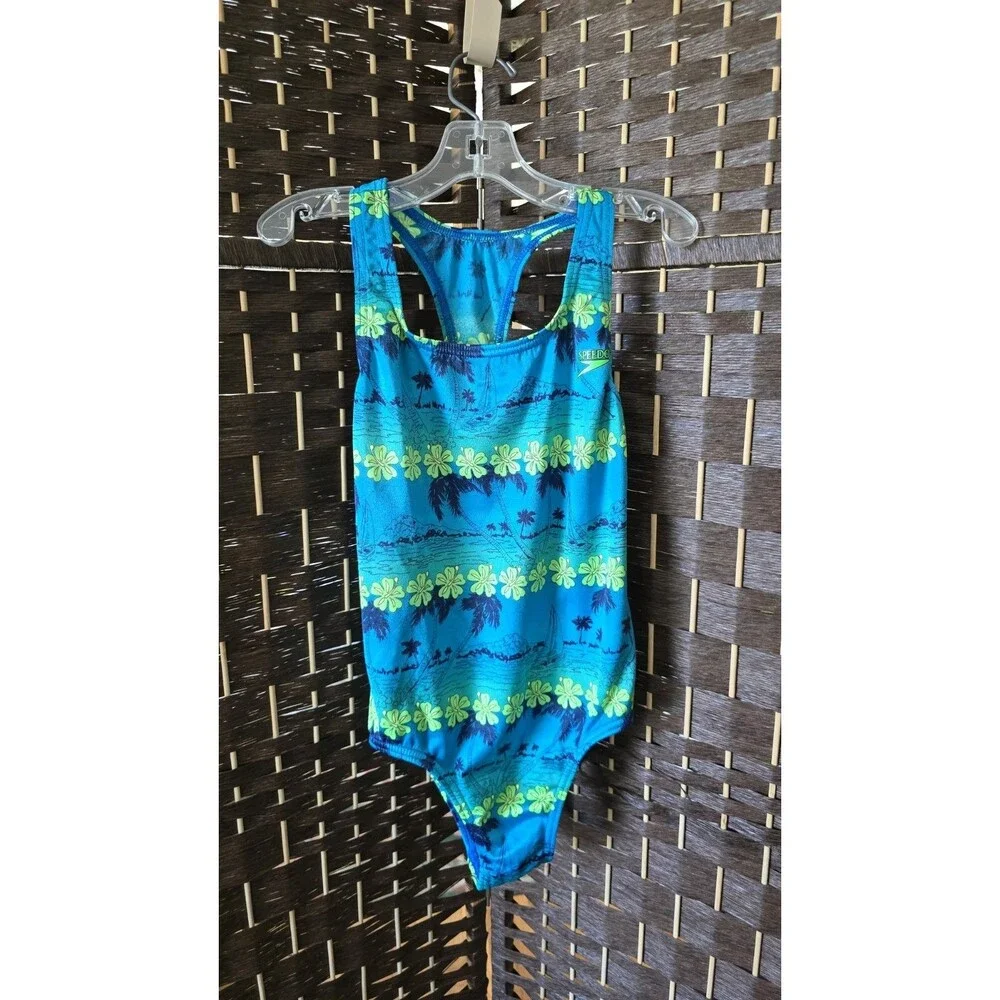 Speedo 1 Piece Swimsuit Girls 12 Floral Blue Green Racerback Athletic VTG Sporty
